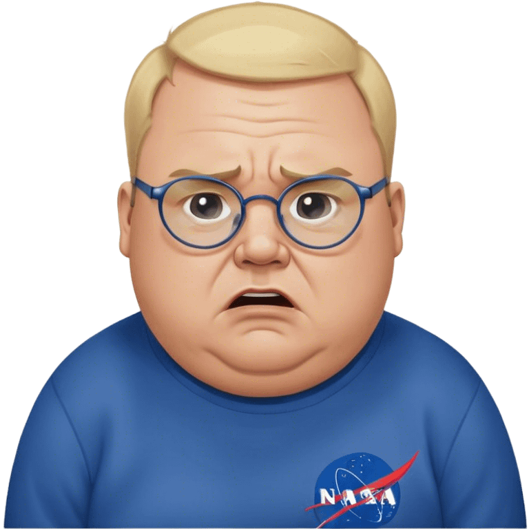 angry fat man, crying like a kid,  blond short and hight receding hairline, wearing a dark blue sweatshirt, nasa logo on the sweatshirt, round glasses without frame, 40 years old emoji