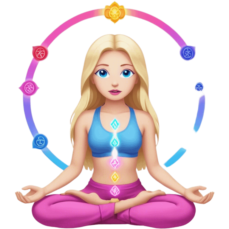 Cinematic realistic blonde with long hair, blue eyes and pink lips meditates, her chakras glow emoji