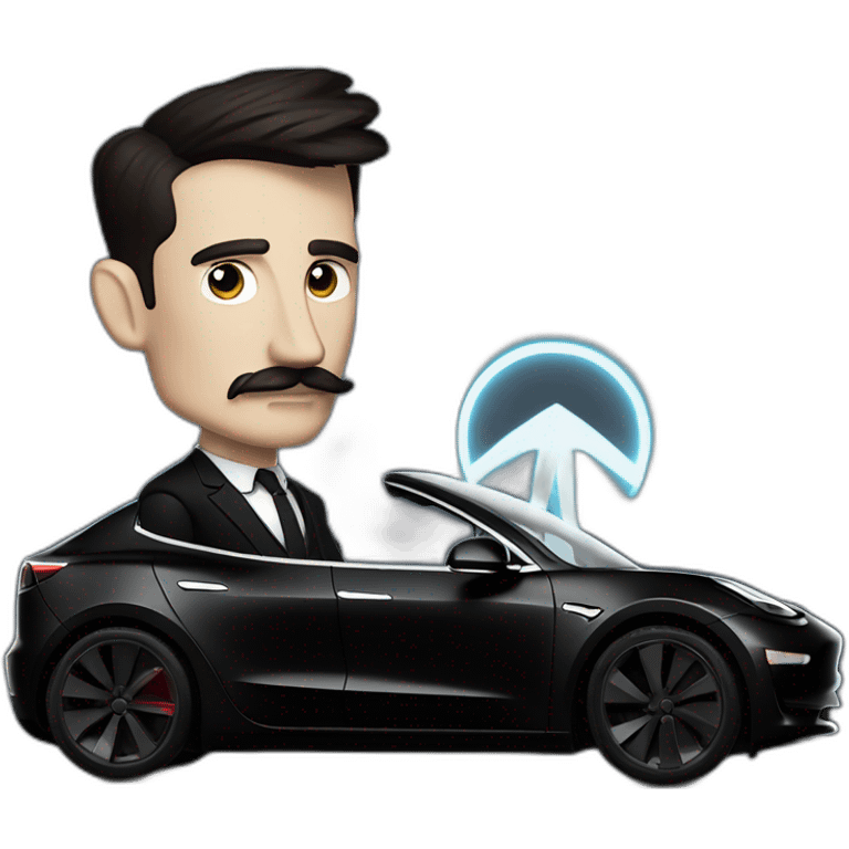 Nikola Tesla riding an all black Tesla Model 3, side view emoji