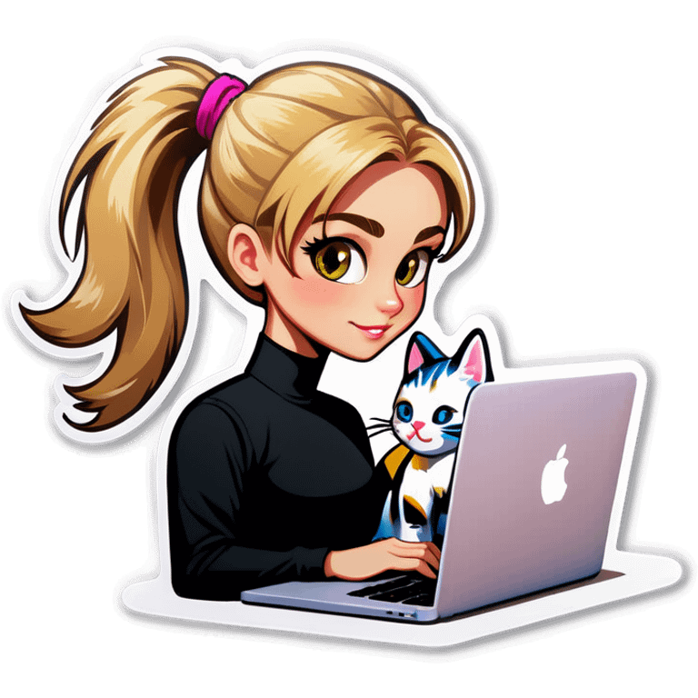 Blonde girl ponytail macBook and a cat emoji