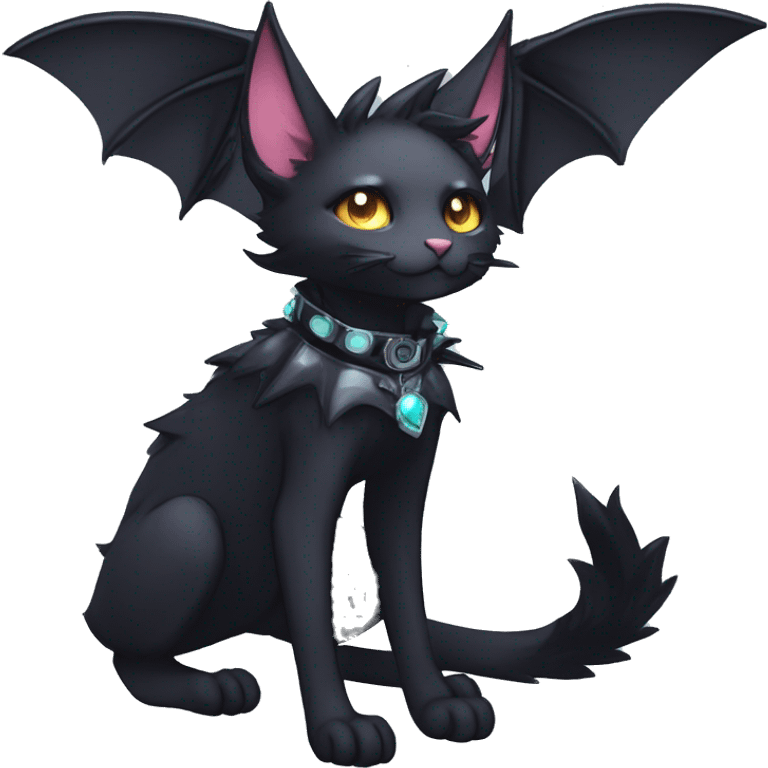 cool edgy beautiful pretty anthro godly colorful ethereal black fantasy elegant nargacuga-bat-cat-Fakemon wearing a collar, techwear style, full body emoji