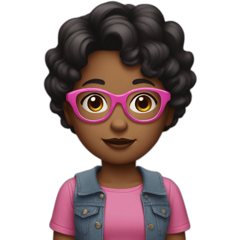 Little Girl with pink glasses black wavy short hair emoji