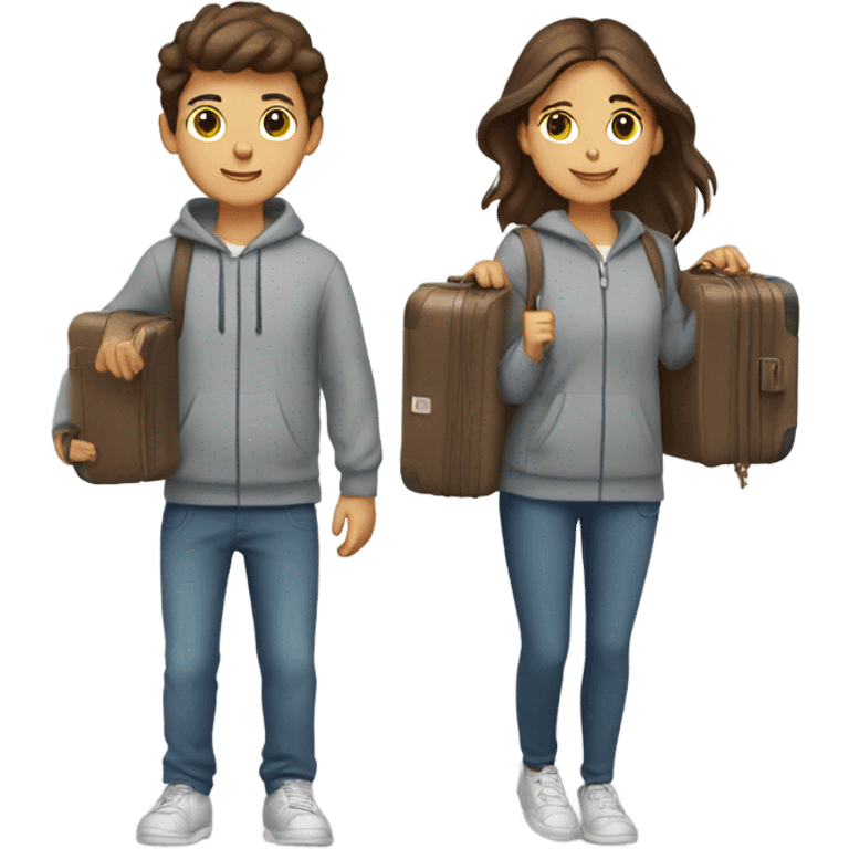 brown hair boy and girl holding suitcases while wearing grey sweat sets emoji