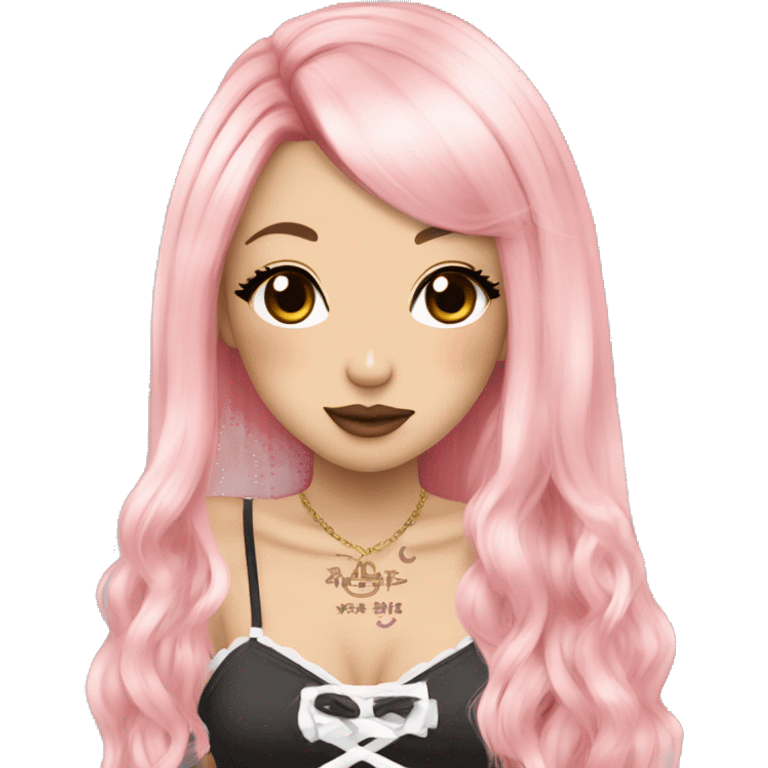 hime gyaru girl, long straight pink and blonde hair, tattoos, dark makeup,  emoji