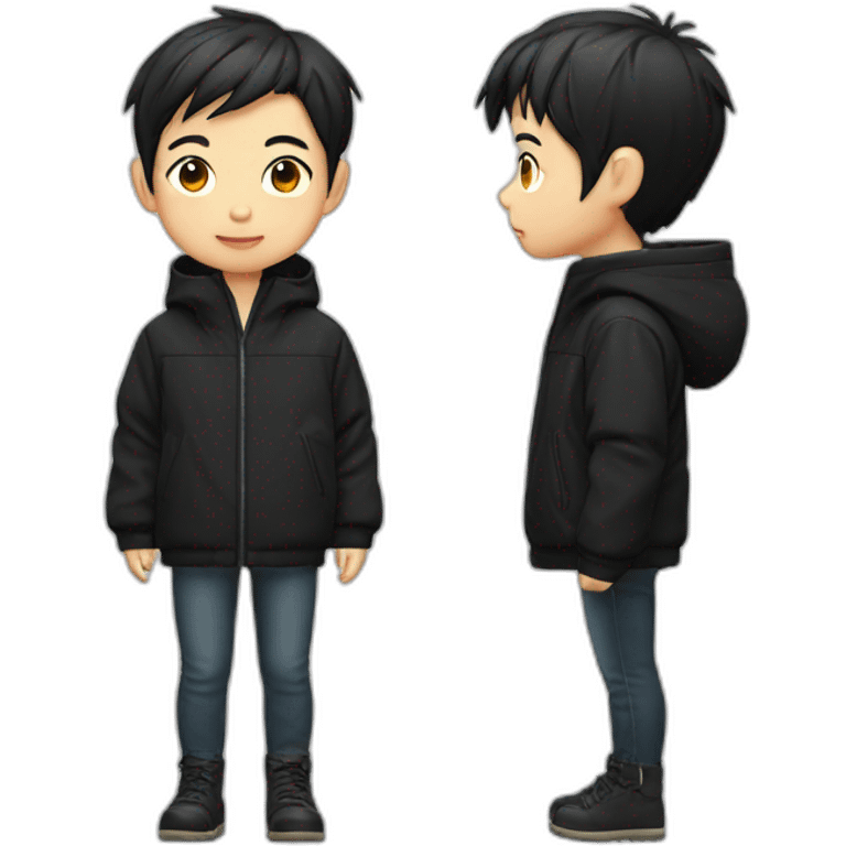 Japanese short-haired Chinese boy wearing a cool black oversize waterproof jacket emoji