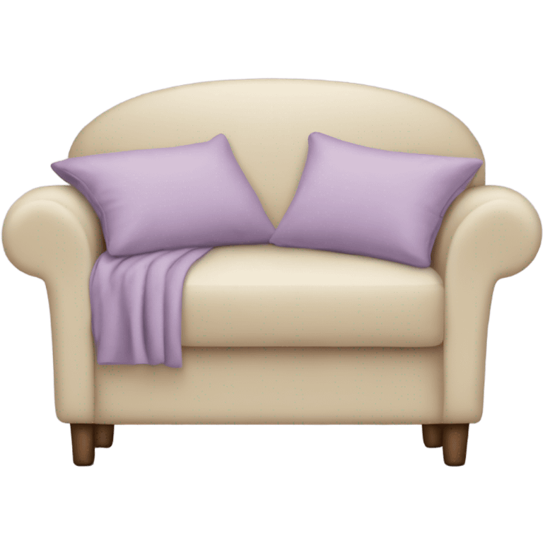 Delicate beige sofa with a light purplebedspread and a pillow emoji