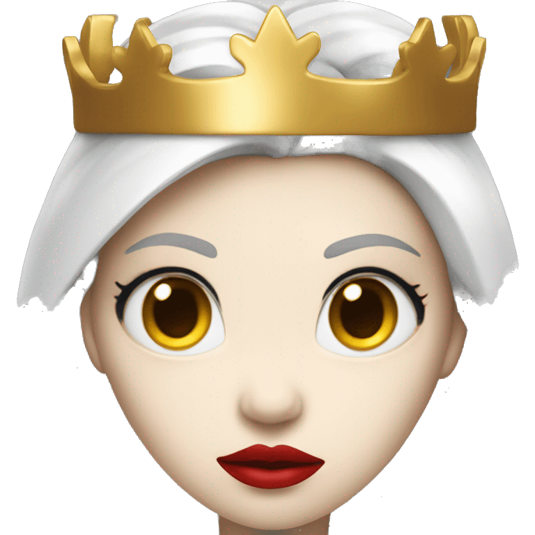 Queen with pale skin, long black hair, bright red lips, skinny gold crown, white dress, and evil stare.  emoji