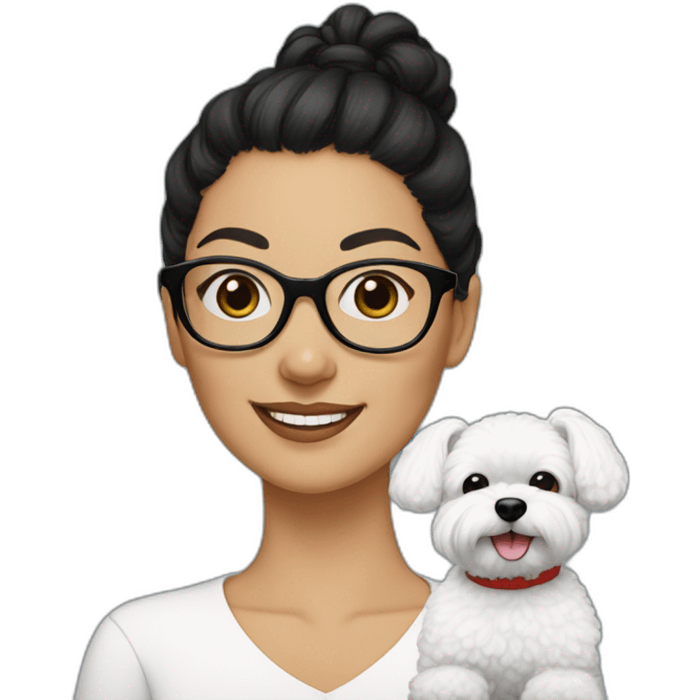 woman-black-hair-bun-with glasses-with bichon dog-white-smile-Christmas emoji