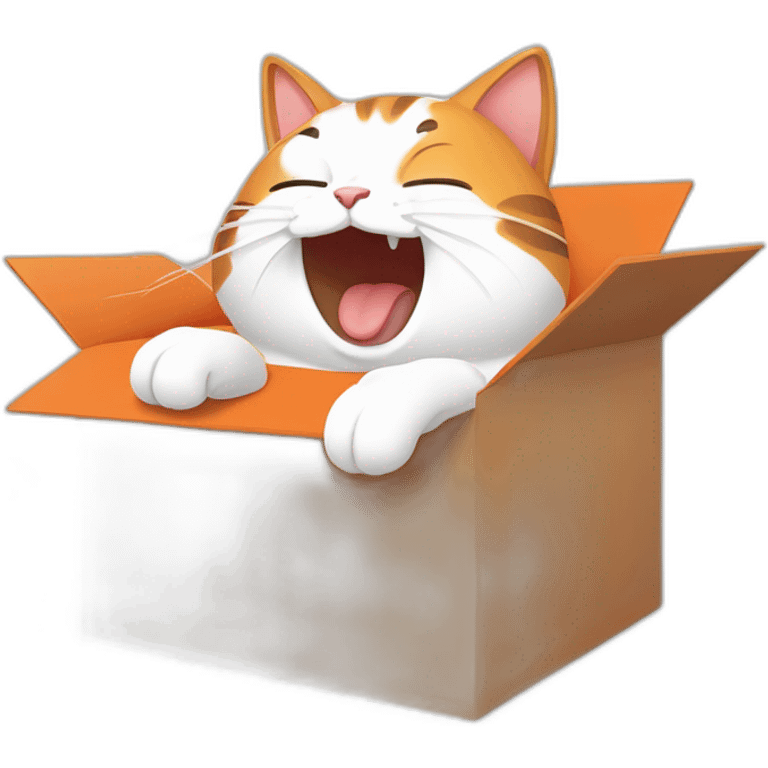 Cartoon art, a cat inside a box, yawning or stretching, simple lines, bright colors, white background, orange, white, and brown colors emoji