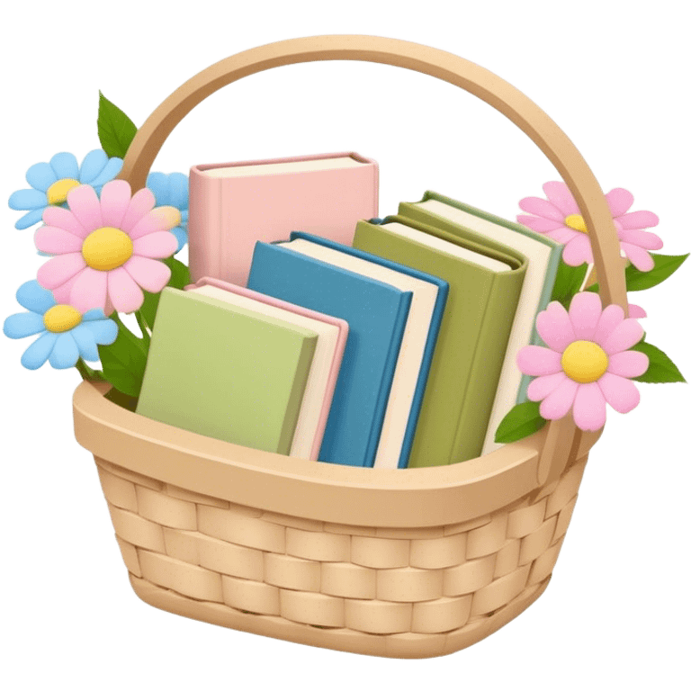 Pastel pink pastel yellow pastel blue and matcha colored books in a beige basket with flowers emoji