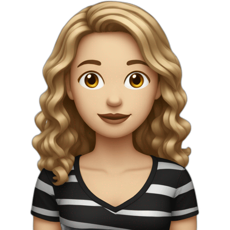 woman with long wavy light brown hair wearing black stripy t-shirt emoji