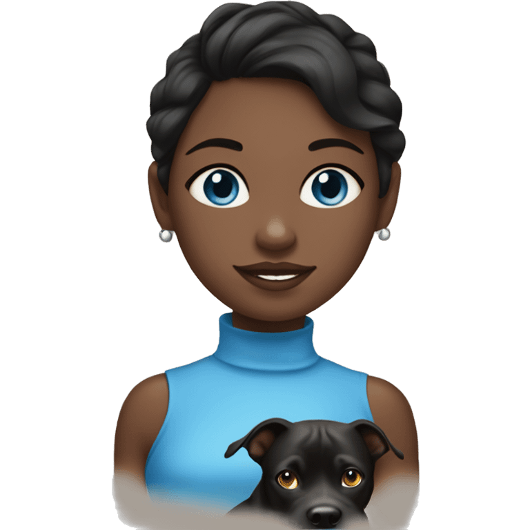 A bruinette girl with blue eyes and black pit bull emoji