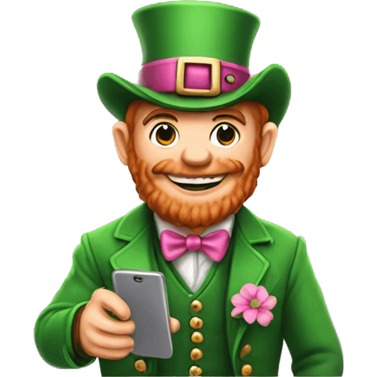 Leprechaun wearing pink holding a phone emoji