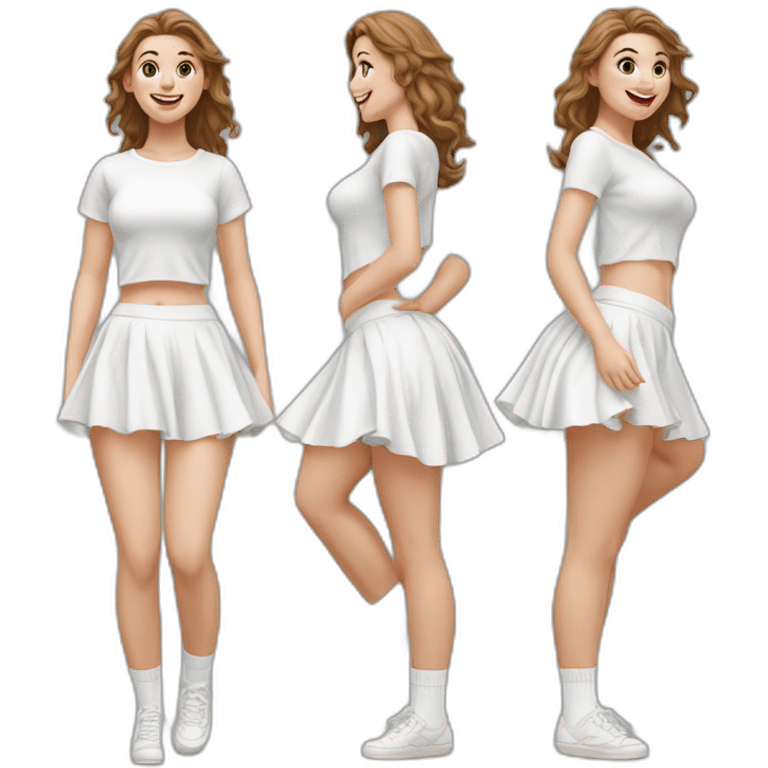 Hyperrealistic Full body Caucasian curvy beauty jumping short white skirt back and front views strong wind knickers long white socks emoji