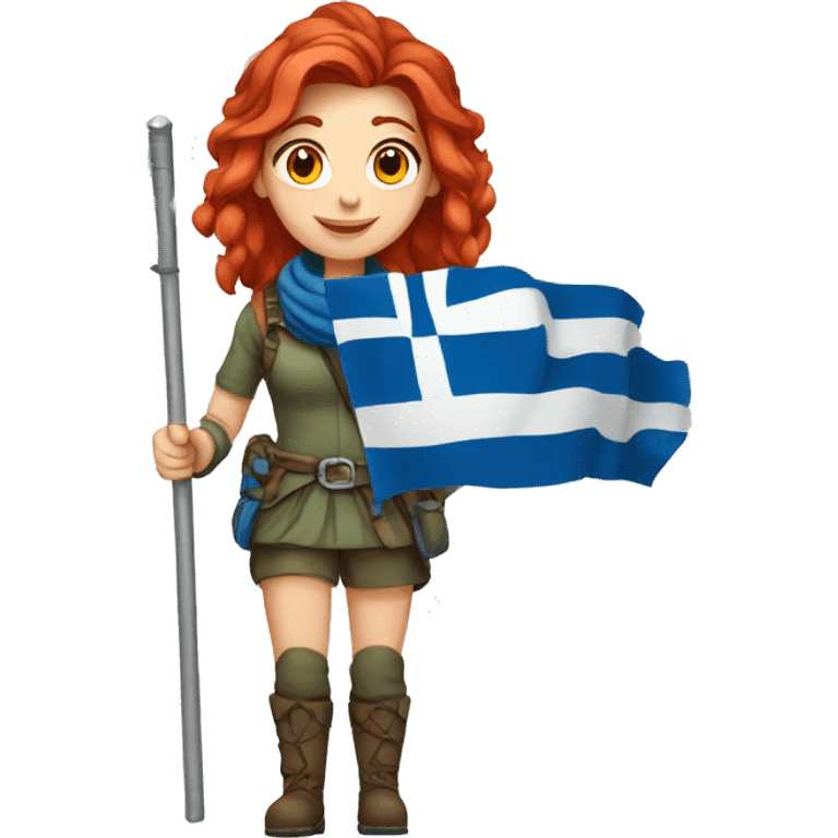 female winter mountaineer red hair holding greek flag emoji