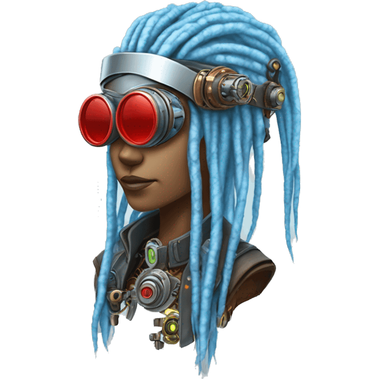 Light blue long dreadlocks female cyborg head with red steampunk goggles and circuits emoji