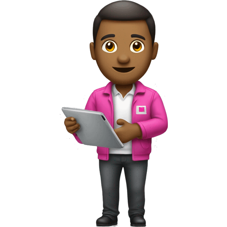 full body picture of tmobile company employee, watching a tablet emoji