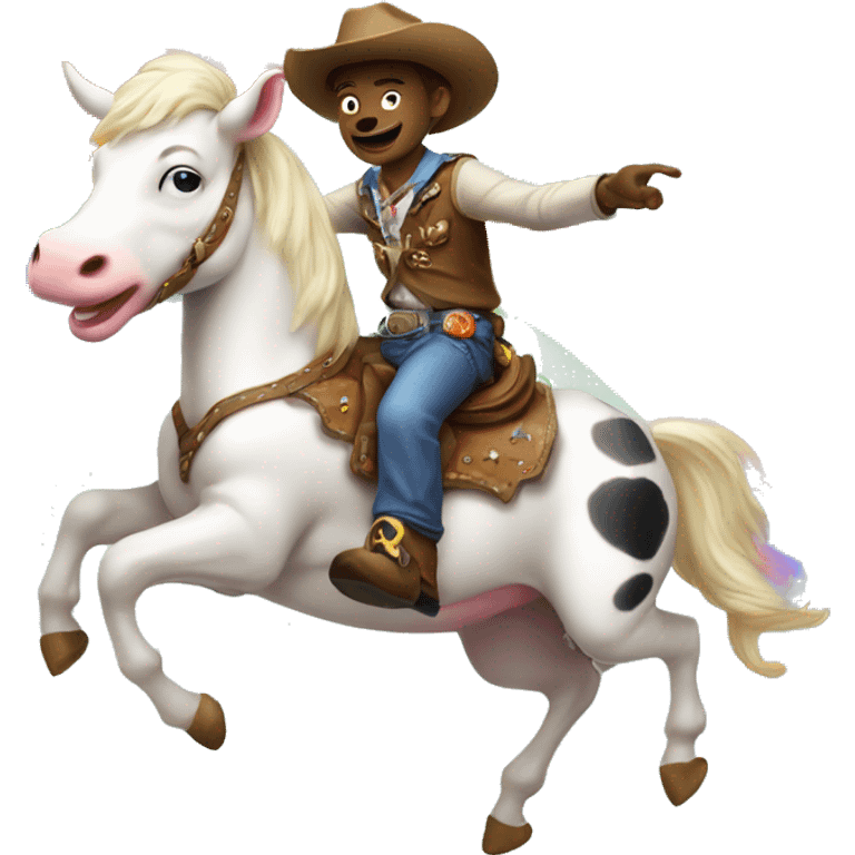 a cow boy riding a unicorn that’s throwing up rainbows emoji