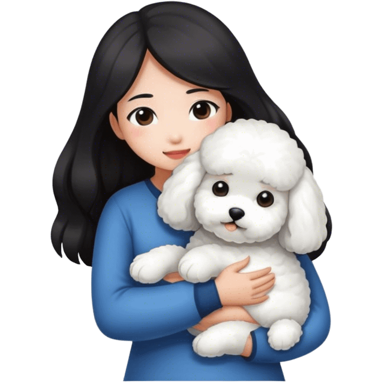  Asian girl with long dark hair hugging a white bichon emoji