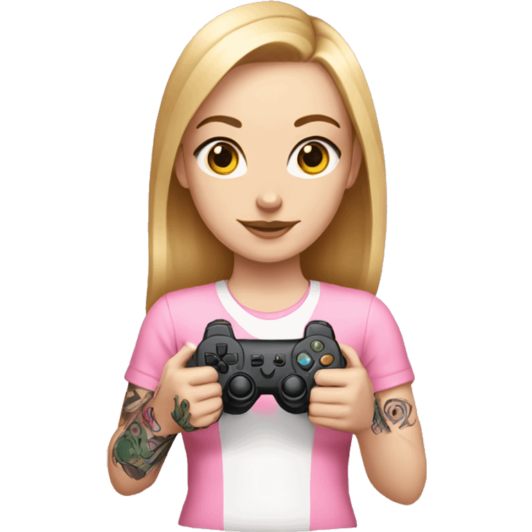 White girl with arm tattoo holding a pink game controller emoji