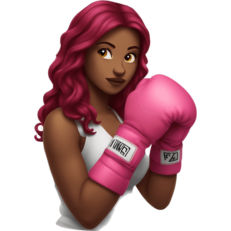 Beautiful tattooed  burgundy long haired woman boxing with pink gloves emoji