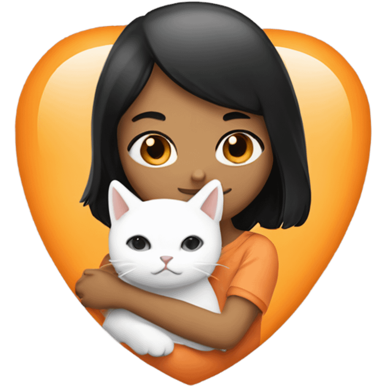 Make an emoji sticker of a girl with black hair and brown eyes hugging a cat that’s white and orange tabby emoji