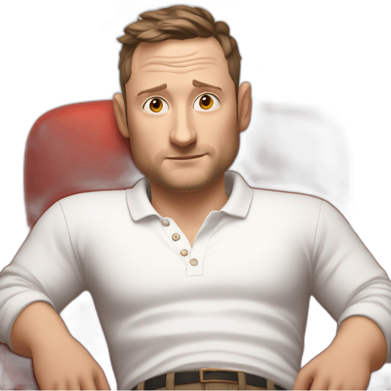 tim robinson very tired laying down on a red couch in a long sleeve white polo shirt, chest up clean shaven, laying flat across couch, arms at side emoji