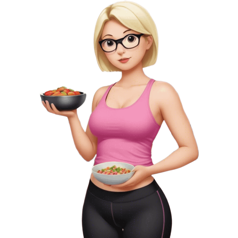 View from knees up, view from the back, fair skinned woman, curvy, short blond hair, small reading glasses, cooking dinner in kitchen, pink loose tank top, showing natural B cup breast shape SFW, black yoga pants, large curvy booty emoji