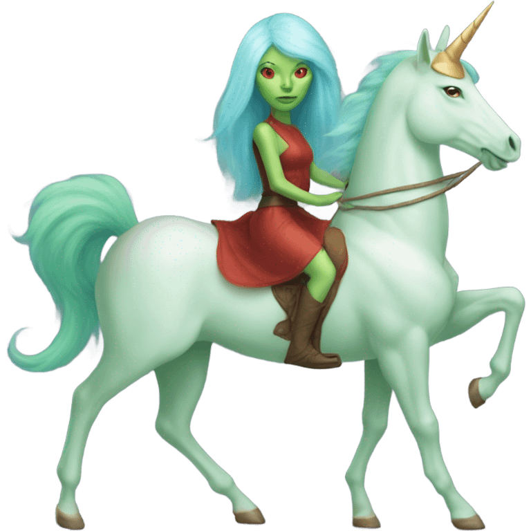 [politically incorrect
	{ woman: alien, color: light green, hair:red, eyes:cat} ]
	on a 
	[{ unicorn: white, legged:four, mane: light blue }] emoji