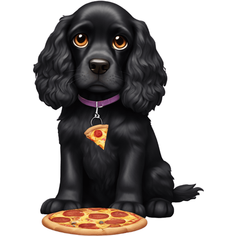 Black cocker spaniel with pizza’s eyes emoji