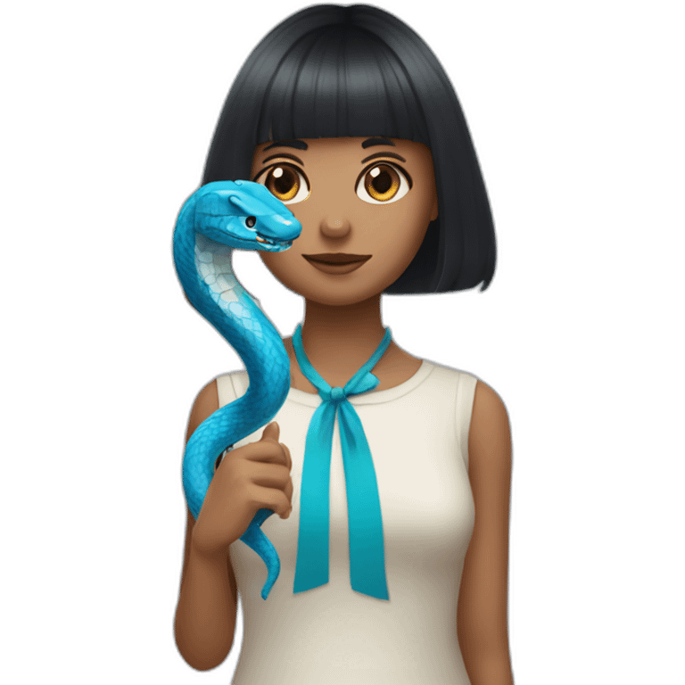 Girl with bang cut and blue snake in hand emoji