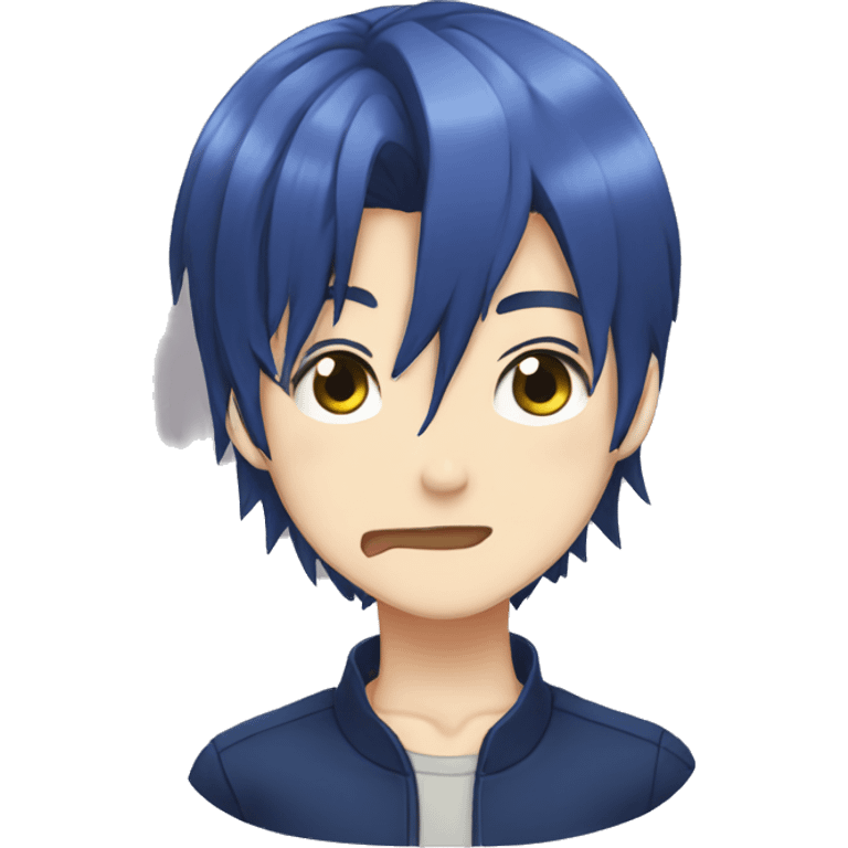 A boy with navy blue hair biting his lip, anime  emoji