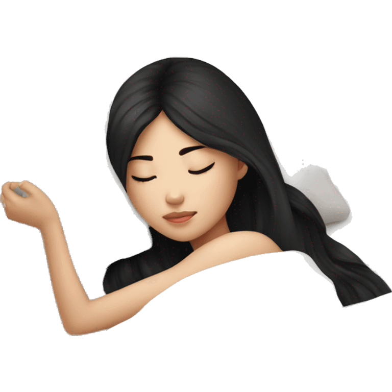 asian cute girl with long beauty black hair sleeping with white blanket and pillow emoji