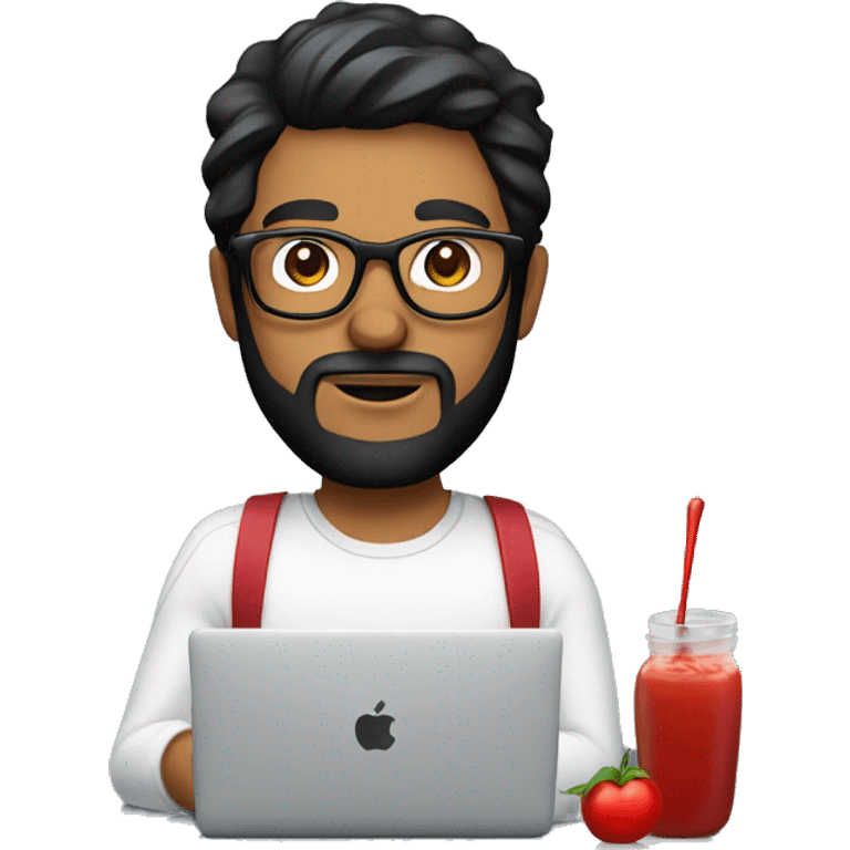 Designer with black hair, beard and glasses working with MacBook and holding ketchup emoji