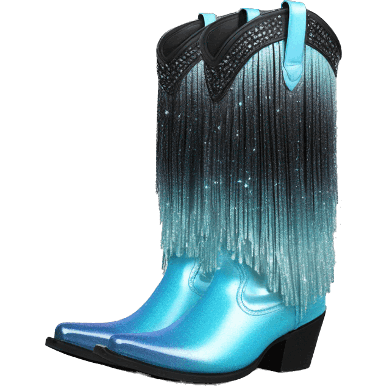 Realistic pastel blue to black ombre pair of fashion cowgirl boots with sparkly shiny glitter fringe on them. emoji