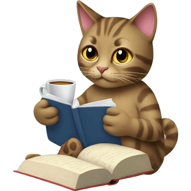 cat reading book and drinking coffee emoji