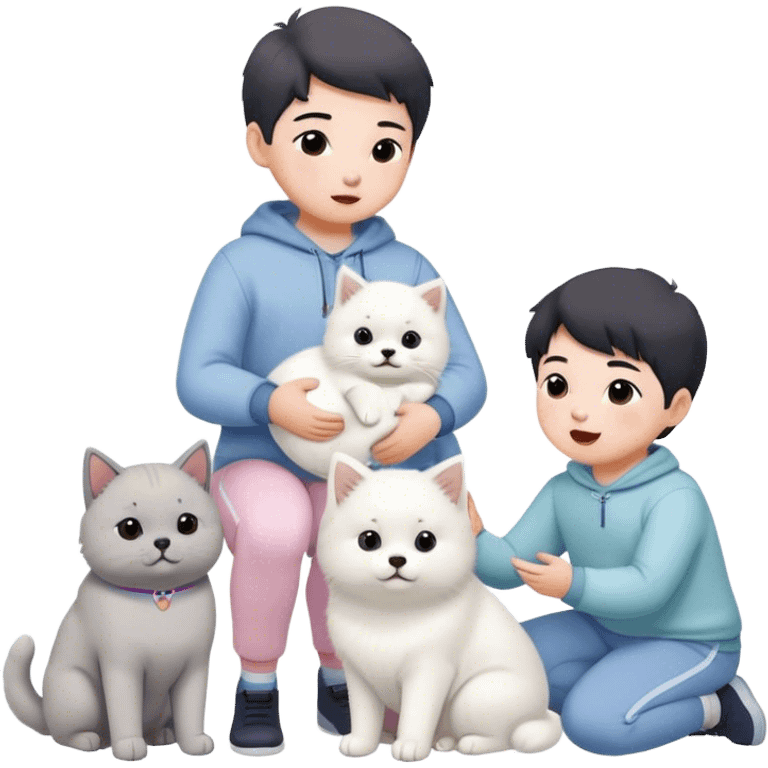 children in pastel clothes play with a Samoyed and a black British cat emoji