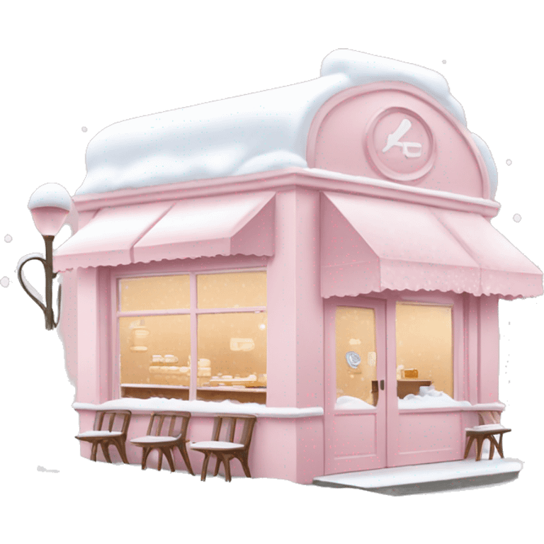 pale pink coffee shop covered in snow emoji