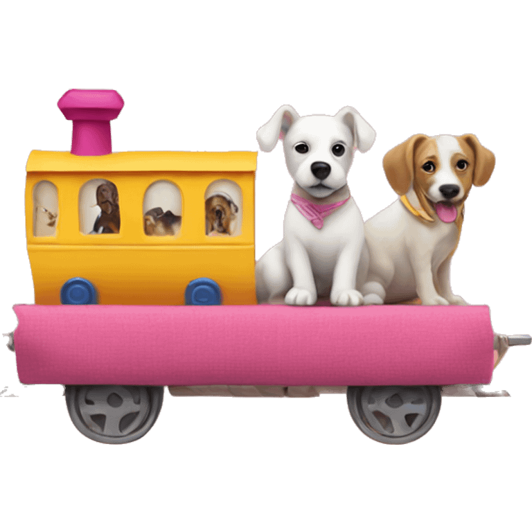 A dog riding a fabric train with yellow cabins and a pink headDog riding a train made of fabric emoji