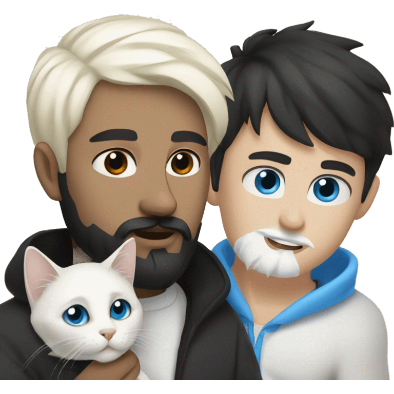 A guy with a black earing and black short hair and black beard and holding a all white Siberian cat with blue eyes  emoji