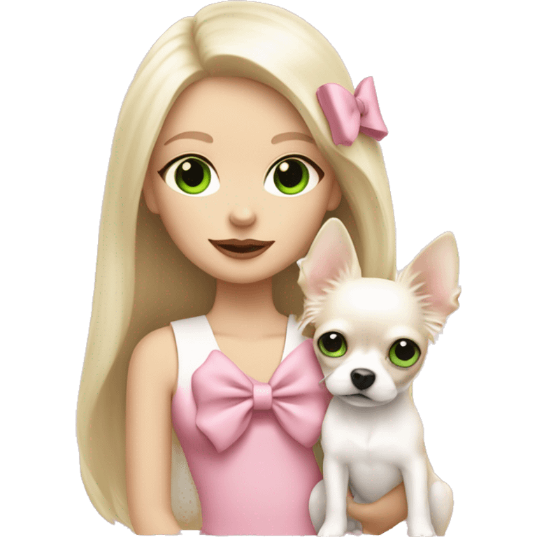 pale blond girl with long platinum hair with green eyes holding a white chihuahua puppy that wearing a pink bow emoji