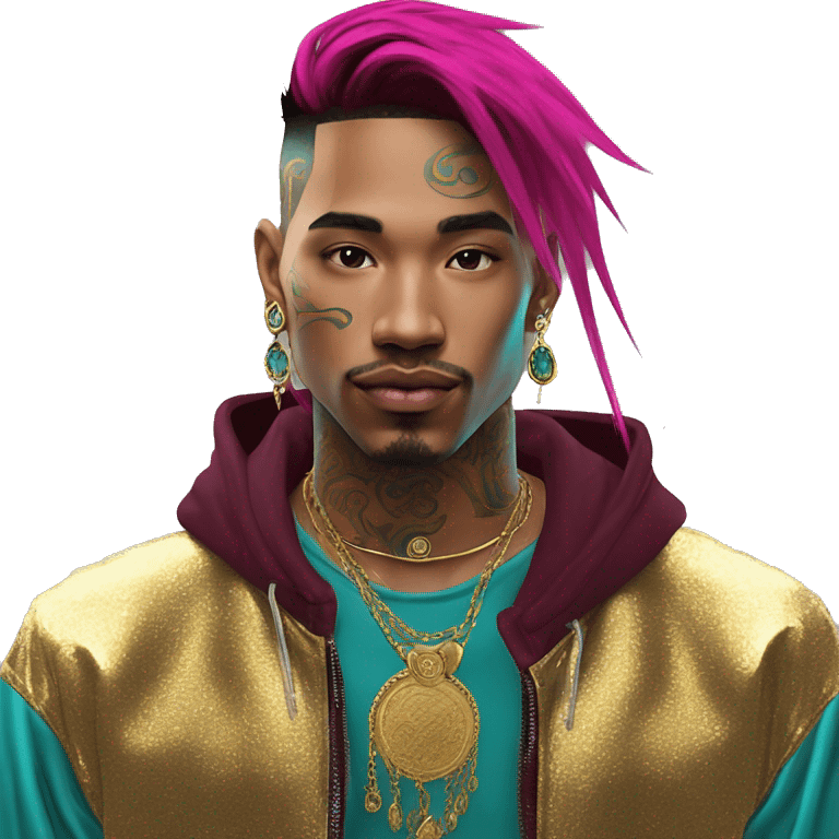 Vintage grunge patina intricate swirls gold jewellery baroque golden sparkle tropical Deep pink maroon burgundy cyan dark hoodie man dyed hair gold piercings nose piercing ear piercings emoji