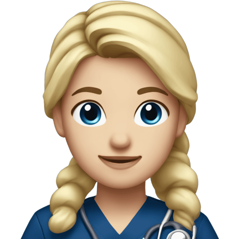 Nurse with blonde hair, ponytail, blue eyes, navy blue scrubs and a stethoscope emoji