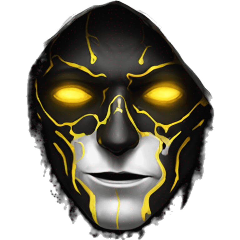 A digital painting of a SPECTRE, cyberpunk man with glowing yellow eyes and black and white face paint, wearing a dark hooded cloak, portrait, intricate details, silver ornate circular frame emoji