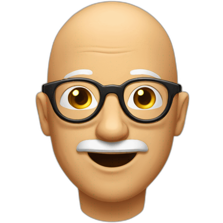 friendly bald man with gold circle glasses, brown mustache, goofy man, silly guy emoji