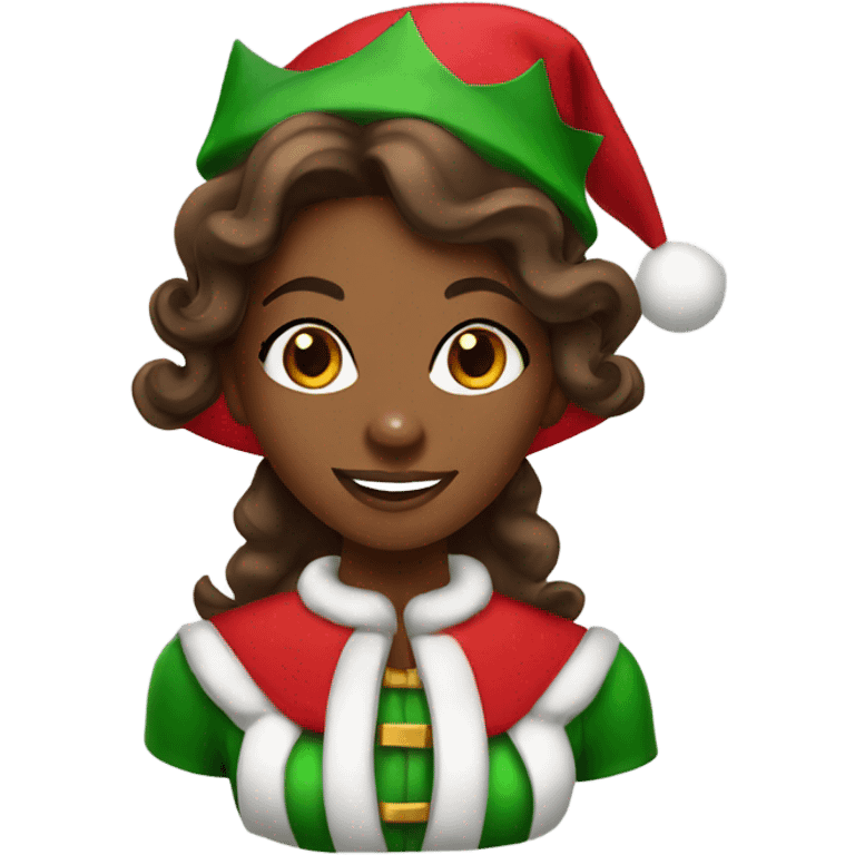 Black female Christmas elf with long brown hair emoji