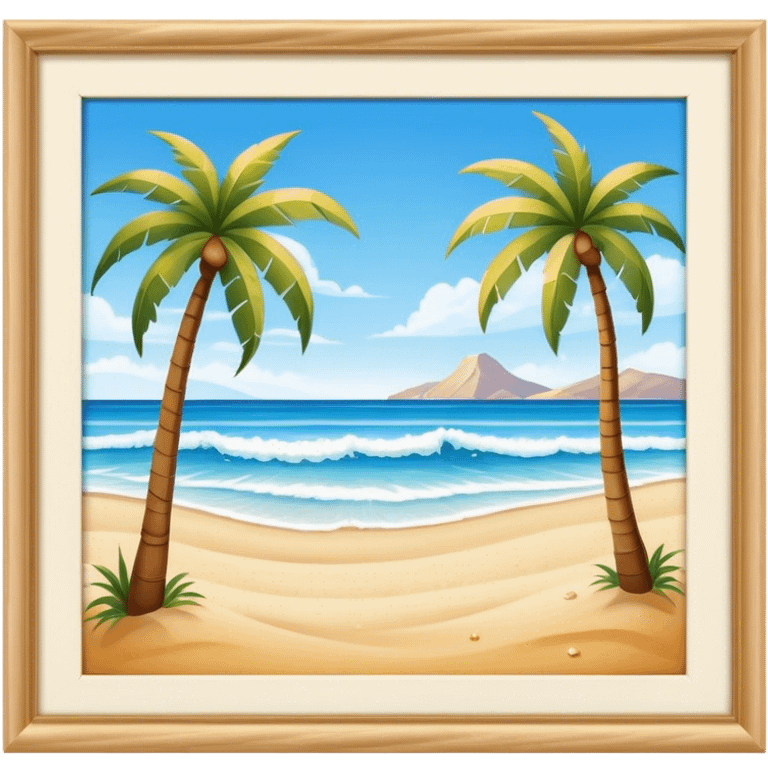 Cinematic Realistic Beach Emoji in a wooden frame, Sunny and bright, with soft golden sand stretching as far as the eye can see, gently lapping waves crashing onto the shore, and a clear, blue sky above. Palm trees sway in the warm breeze, crystal clear water of the waves on the landscape. Soft glowing outline, capturing the essence of a relaxed, joyful beach day filled with sun, sand, and surf! emoji