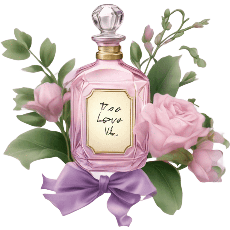 Aesthetic showcase of light pink stock flowers, a vintage-inspired violet perfume bottle, an emotional love note, and a purple silk bookmark. emoji