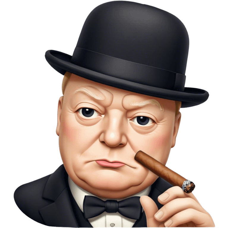 Cinematic Realistic Winston Churchill Portrait Emoji, depicted as a resolute British statesman with a signature bowler hat and a cigar, exuding determined leadership and wartime valor, rendered with lifelike textures and dramatic vintage lighting that captures his iconic British spirit. emoji