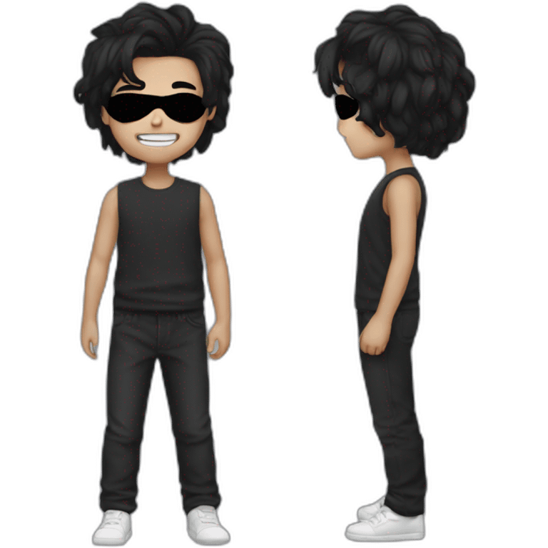 A boy with cearly black hair wear a black mask emoji